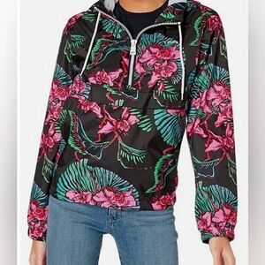 Levi's Black and White Mesh Windbreaker Jacket with Floral Accents - Small